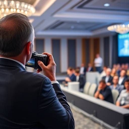 Fot√≥grafo capturando o momento durante uma palestra em um evento corporativo com v√°rias pessoas assistindo.