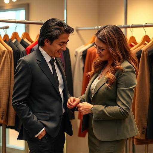 Foto de Ana Clara, nossa consultora de estilo, ajudando um cliente a escolher o terno perfeito para uma ocasião especial.