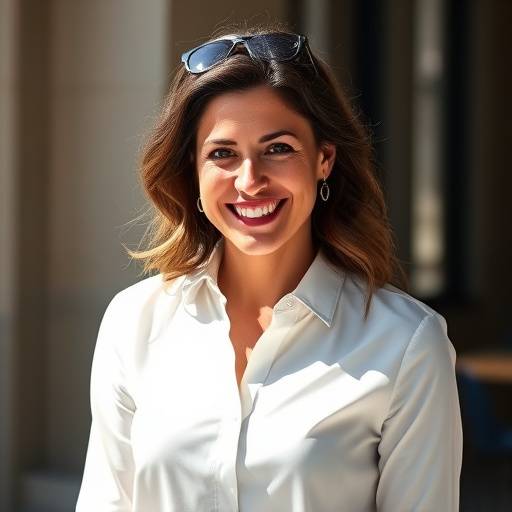 Foto de Maria Souza, nossa diretora de criaäão, sorrindo e vestindo uma camisa elegante da Elegância Urbana.