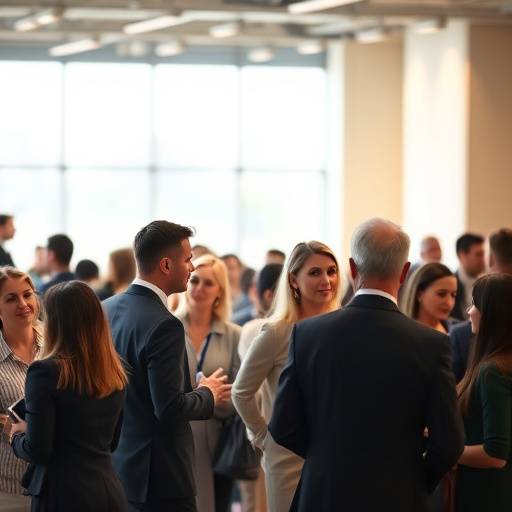 Fotografia de evento corporativo com pessoas interagindo.