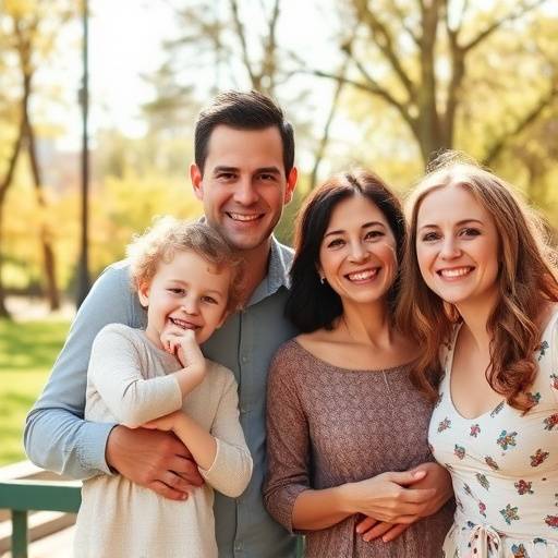 Fotografia de família feliz em um parque.