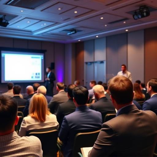 Fotografia de um evento corporativo com pessoas em uma palestra e proje√§√£o de slides.