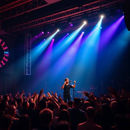 Fotografia de um show musical ao vivo com o artista no palco e a plateia animada.