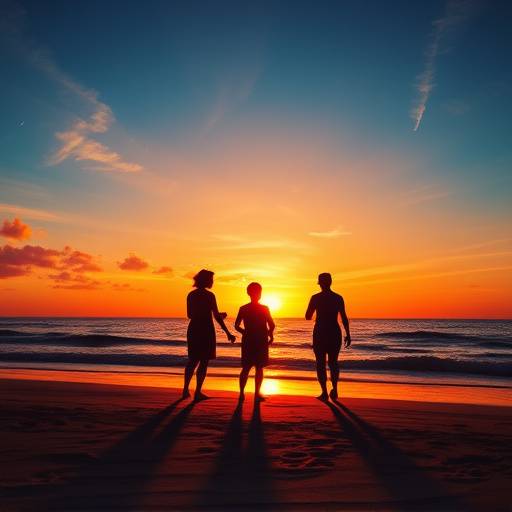 Fotografia de uma fam√≠lia na praia durante o p√¥r do sol com silhuetas e cores vibrantes.