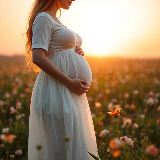 Mulher gr√°vida vestida de branco em um campo florido, ensaio de gestante.